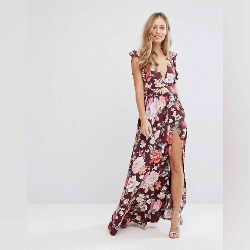 MAJORELLE maroon red and pink Sweet Pea ruffled wrap maxi dress XS